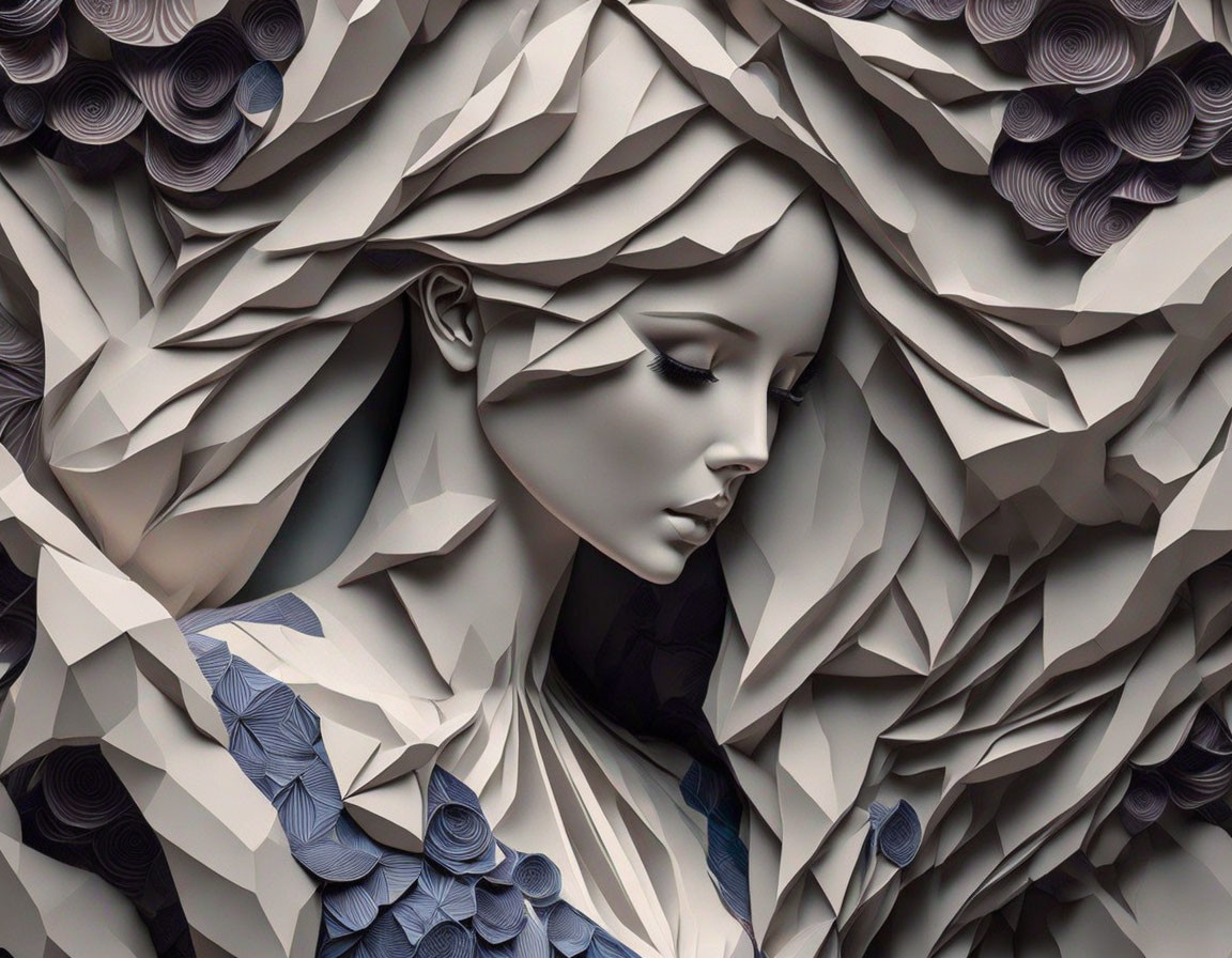 Woman depicted with paper-like textures in hair and details.