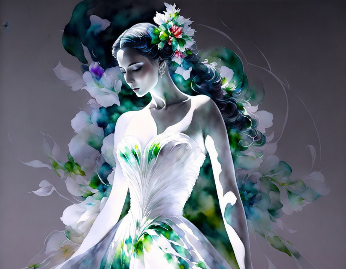 Ethereal woman in white gown with floral adornments among green and purple clouds