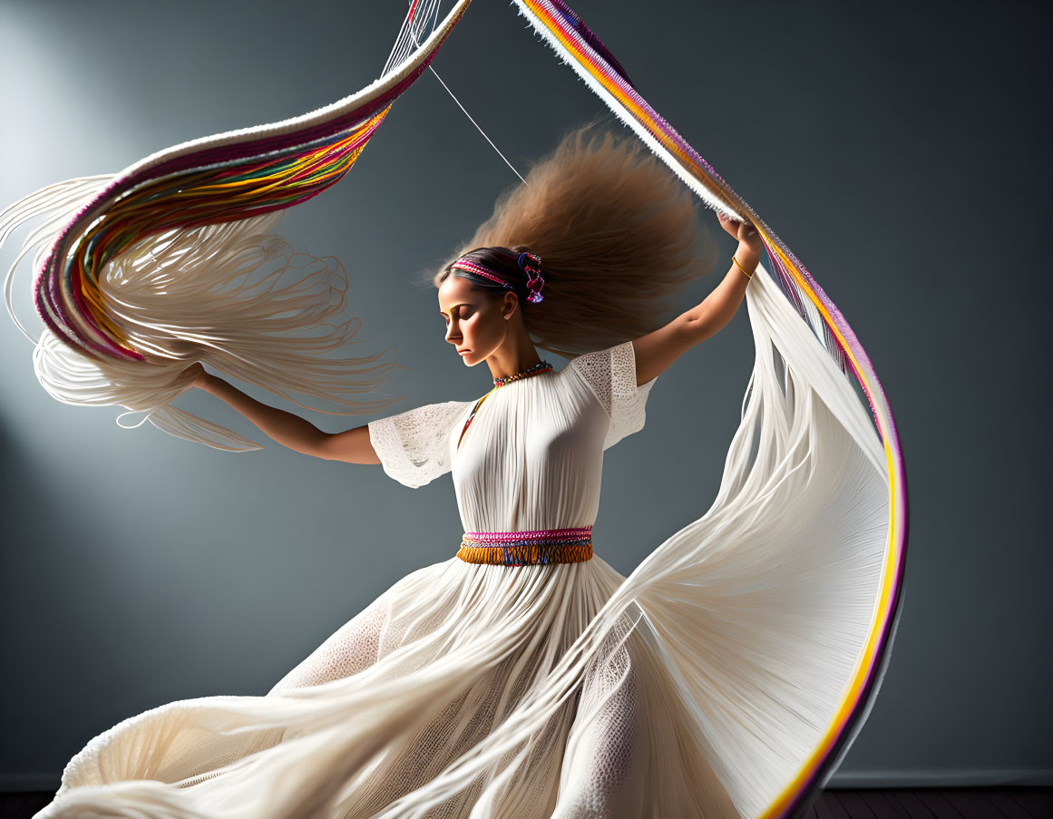 Woman in White Dress Dancing with Flowing Hair and Ribbons on Grey Background