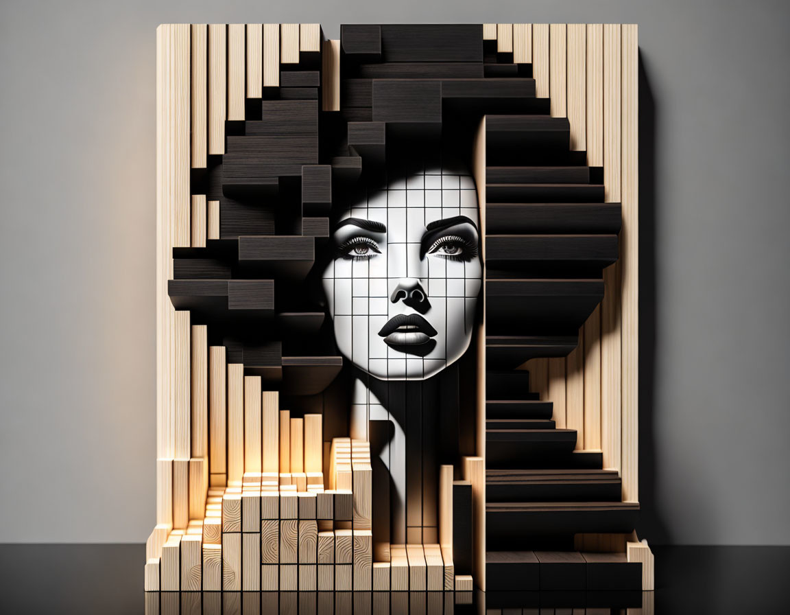 Abstract Wooden Wall Art Installation of Woman's Face