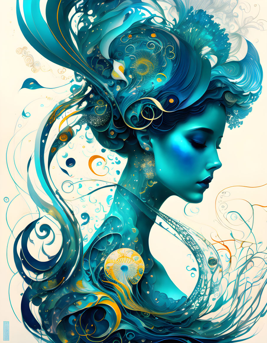 Fantastical woman illustration with blue and gold flowing hair and aquatic theme