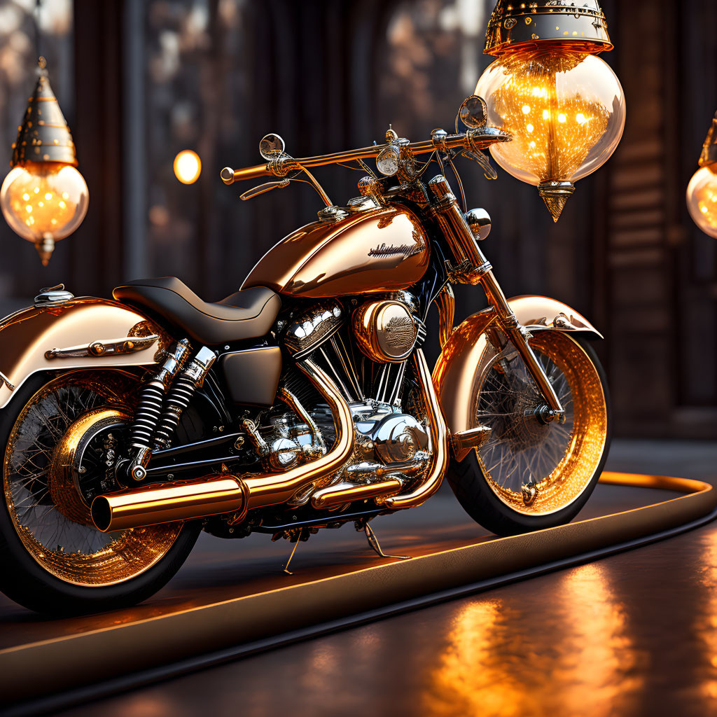 Vintage motorcycle under warm vintage lighting in a bright room