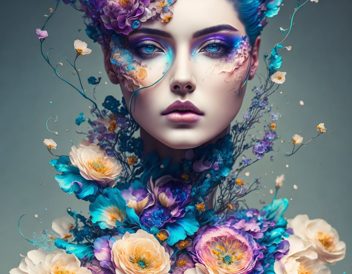 Surreal portrait of a woman with vibrant floral embellishments and blue-purple makeup