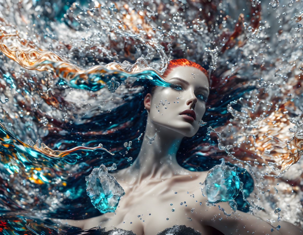 Orange-haired mannequin emerges from swirling water with glistening droplets.