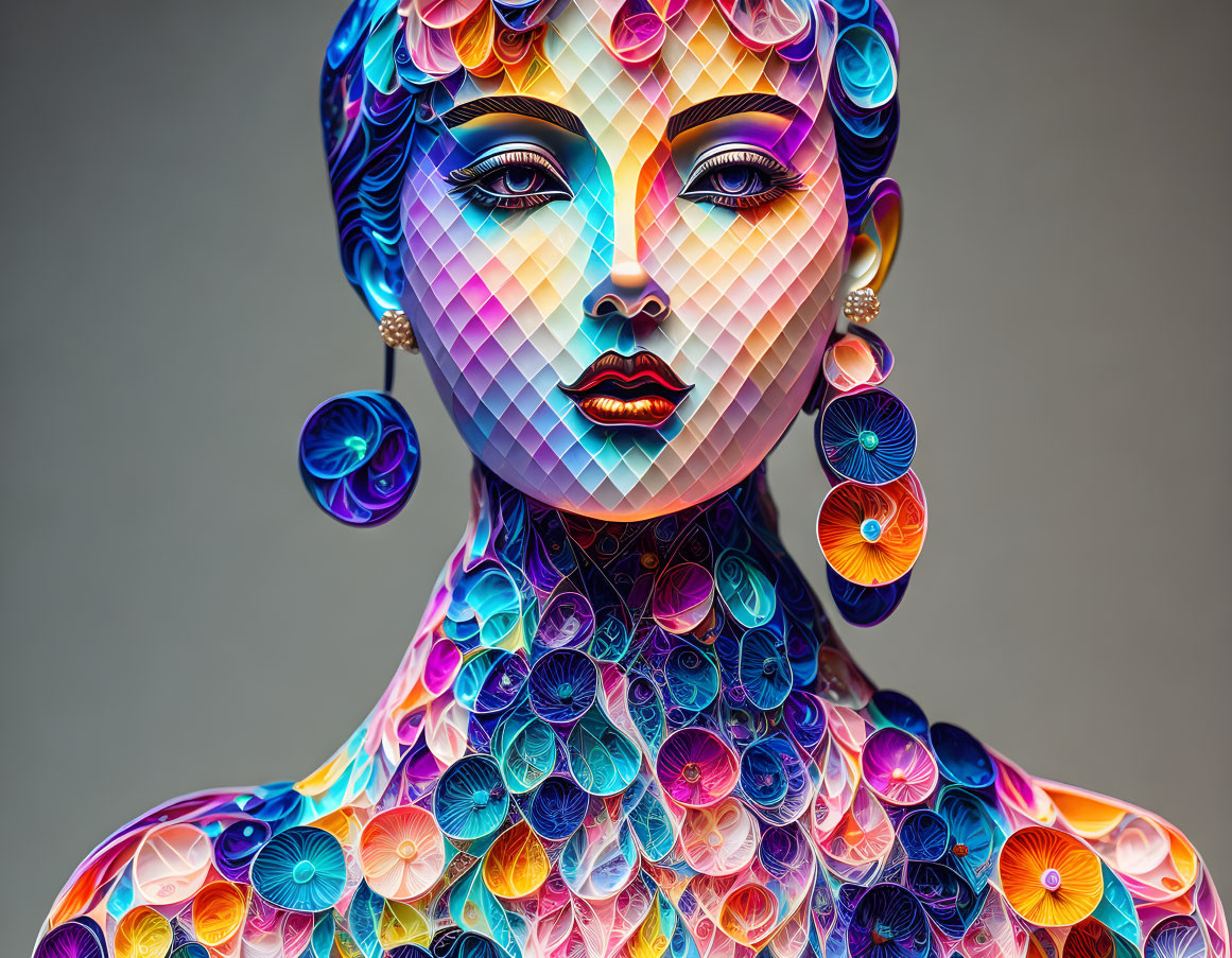 Vibrant artwork featuring woman's face with floral and geometric patterns