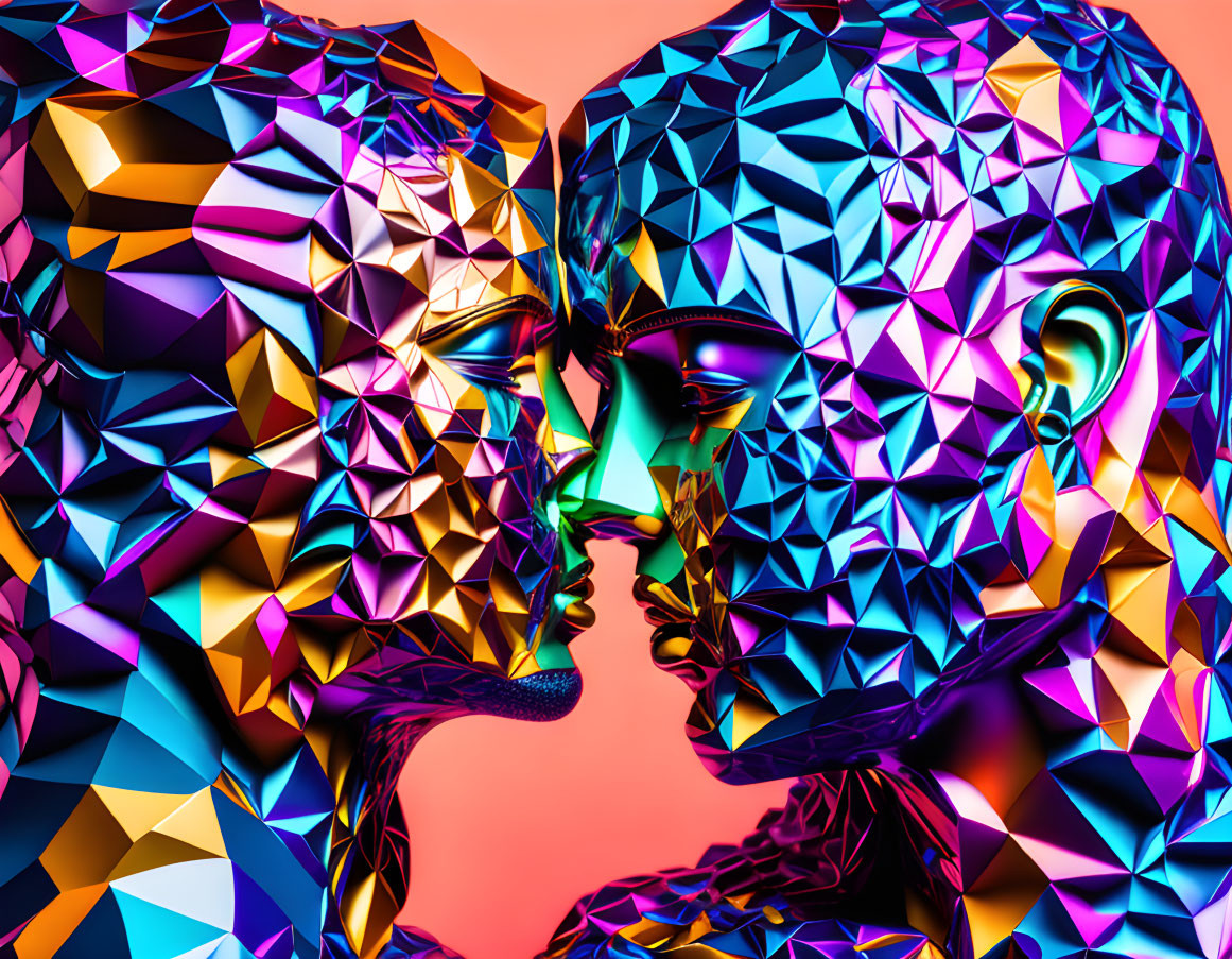 Colorful polygonal faces close together on warm background