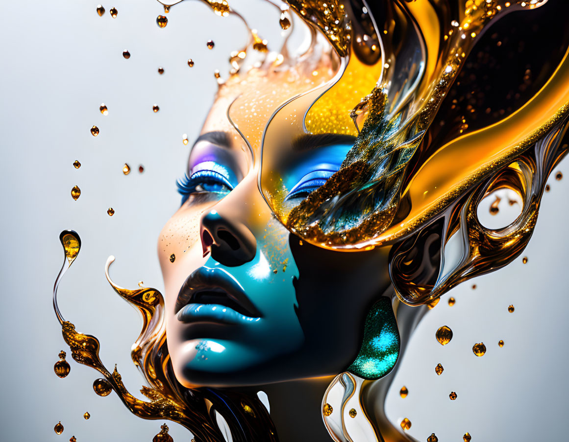 Surreal portrait of woman with vibrant blue eyes and liquid gold hair on white backdrop