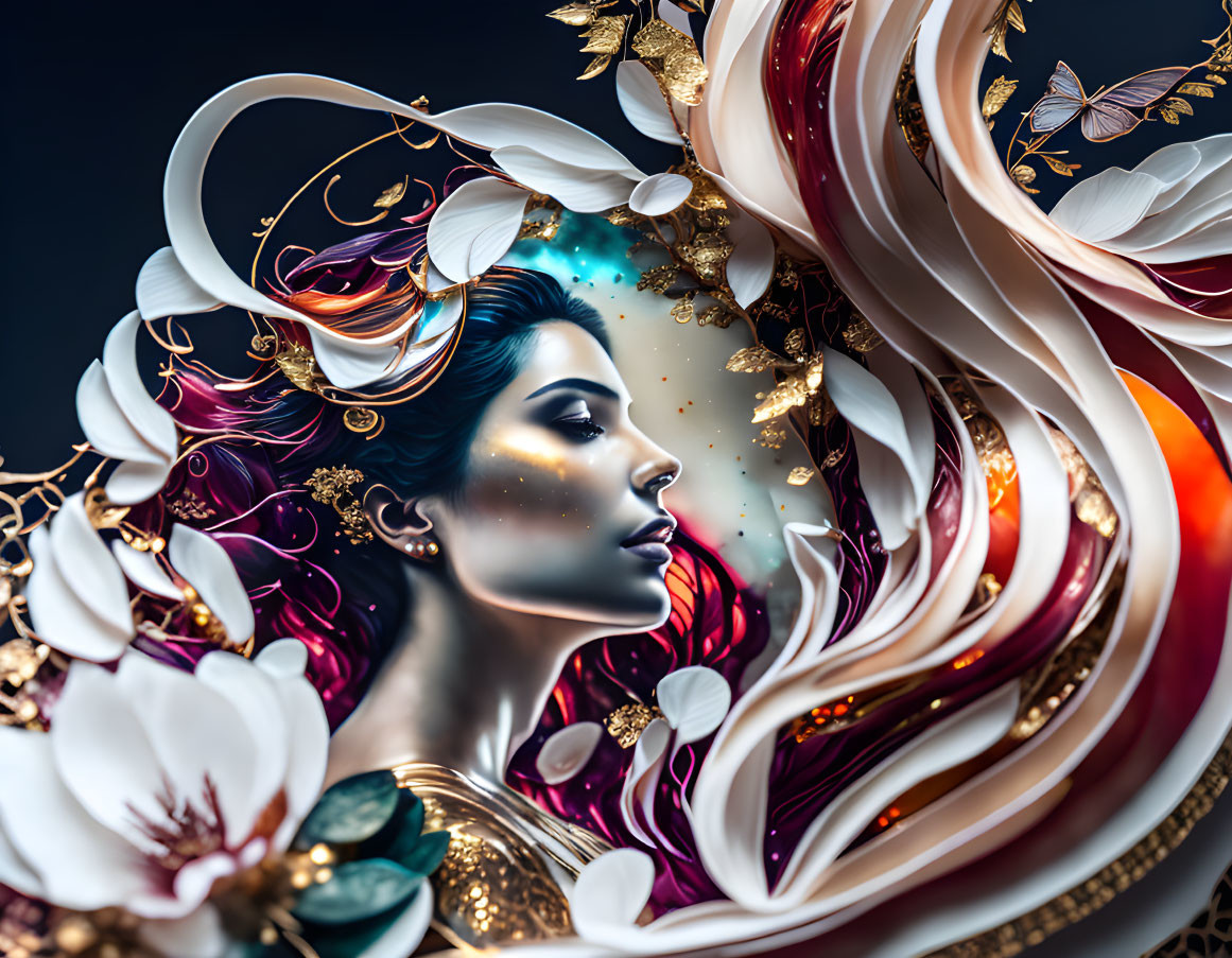 Digital artwork: Woman with cosmic background, gold accents, swirls, flower, butterfly