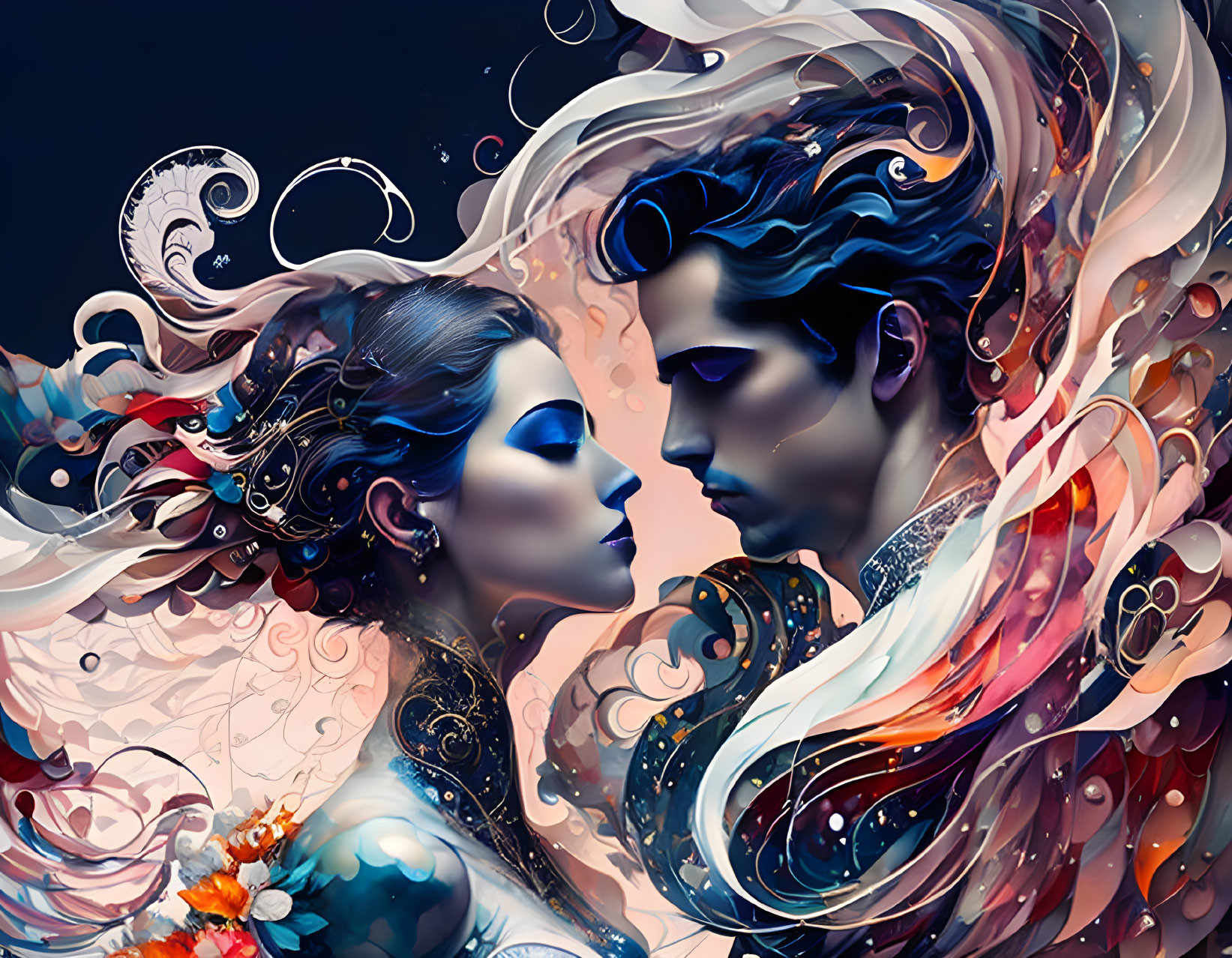 Fantastical illustration: Man and woman embrace with swirling hair on dark background