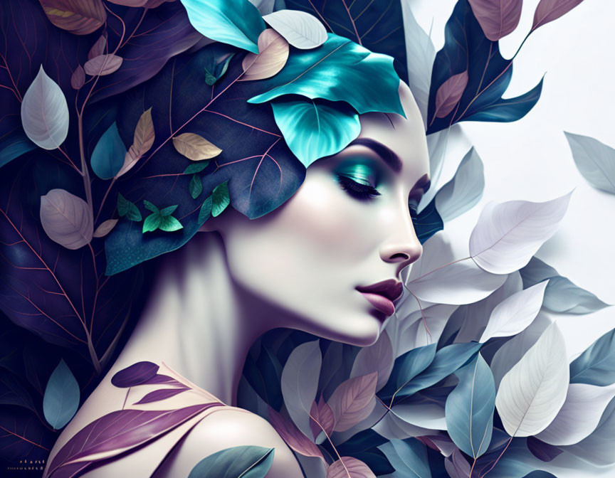 Woman with Leaf Hair: Serene Expression, Bluish-Green Tones, Intricate Patterns