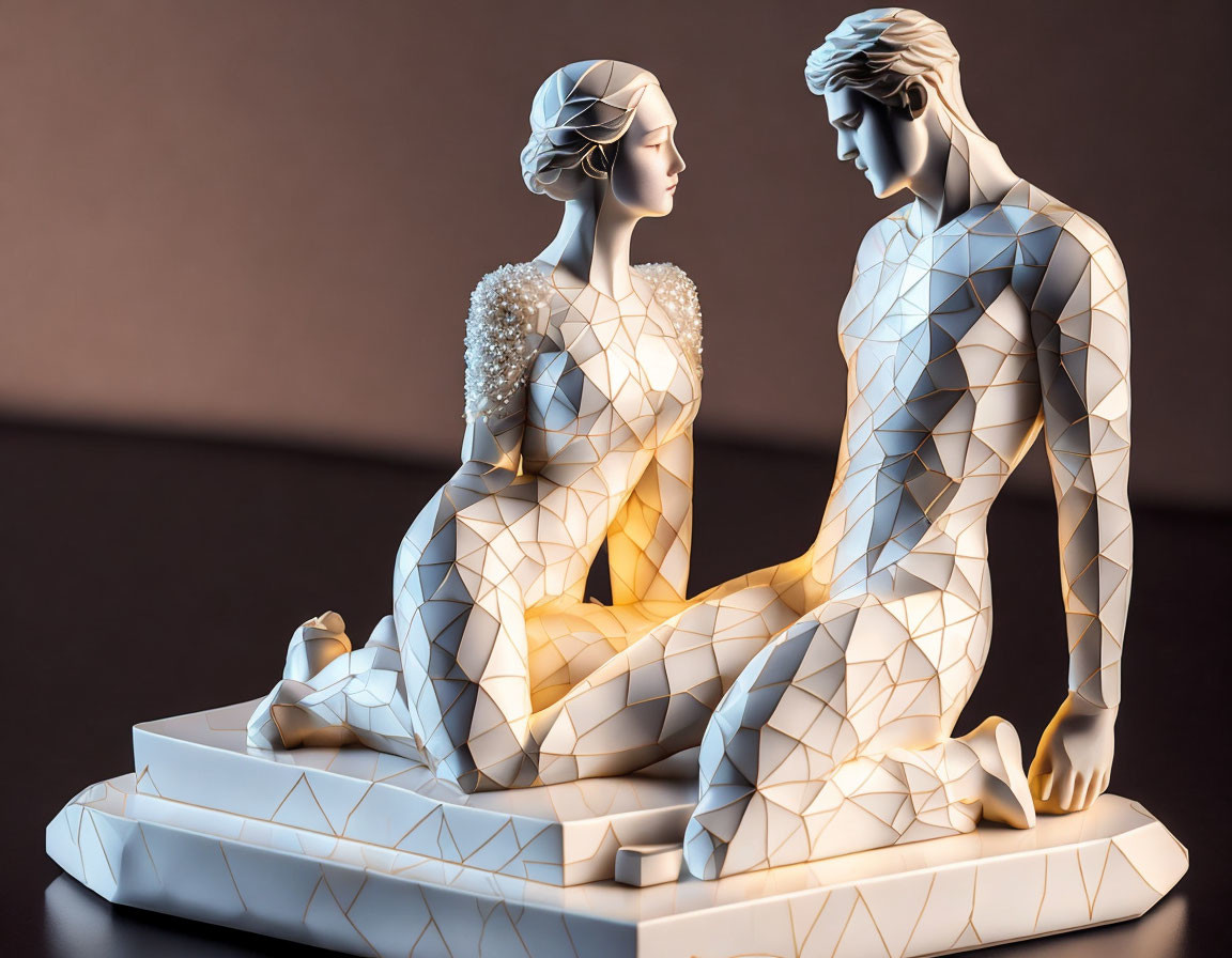 Geometric-style sculpture of man and woman sitting with intricate patterns.