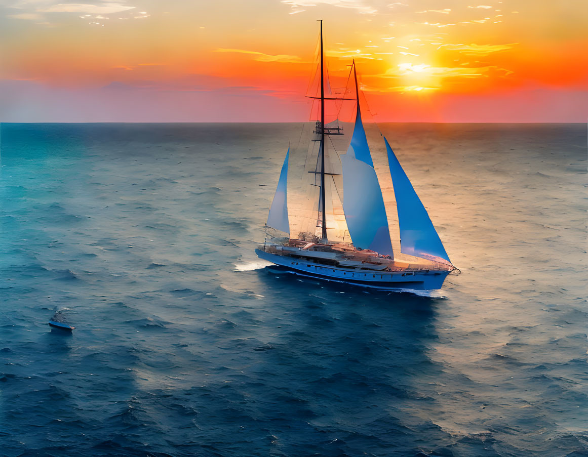 Sailing yacht on calm sea under vibrant sunset