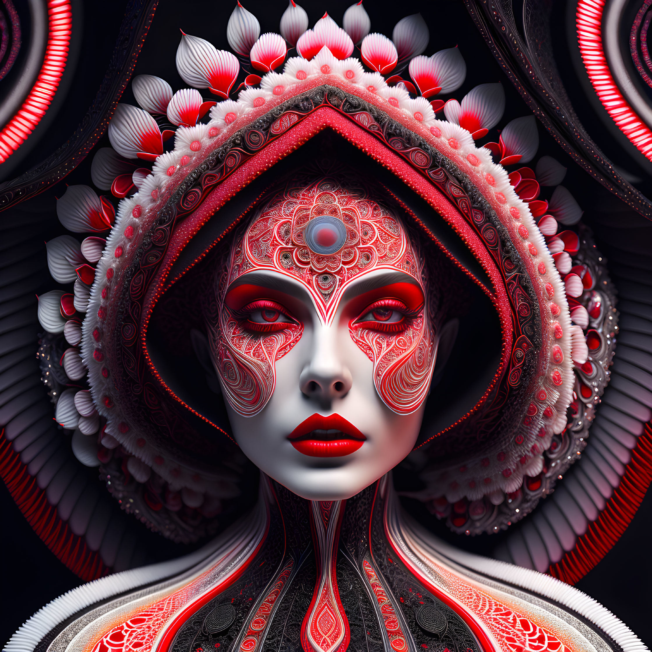 Symmetrical digital art of female figure with red and white patterns