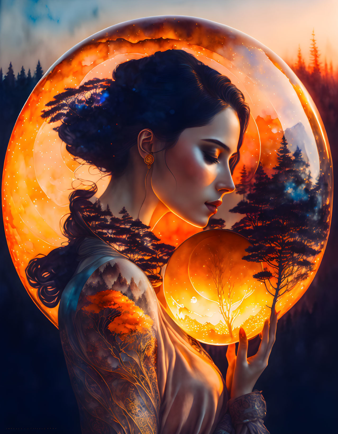 Profile of woman holding glowing orb with tree inside against sunset backdrop