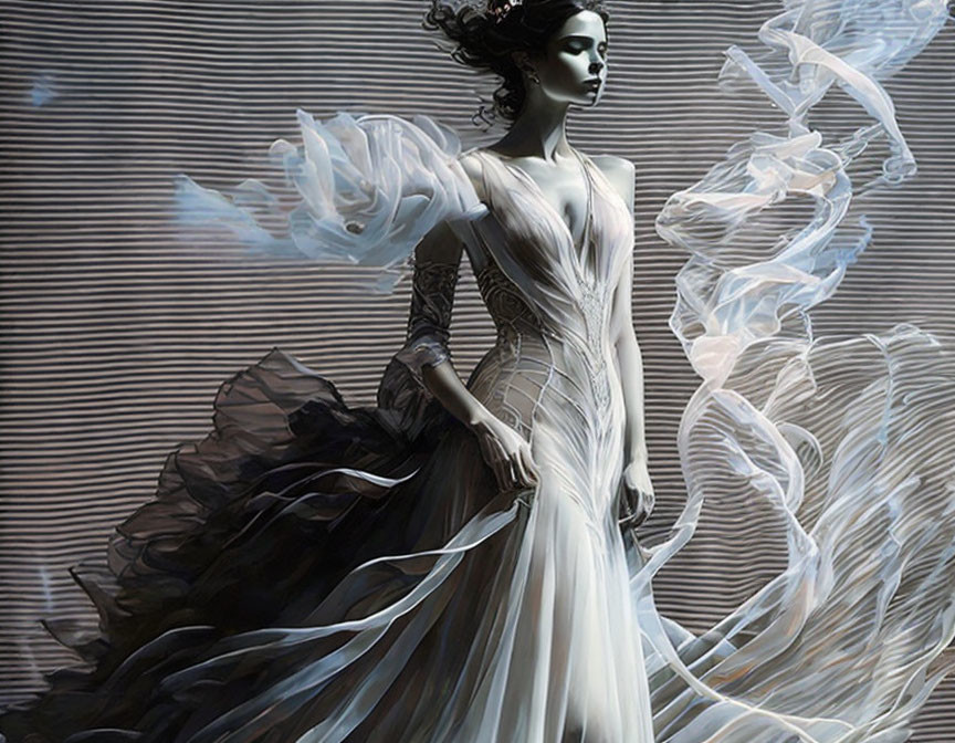 Woman in white dress with swirling fabric on dark background