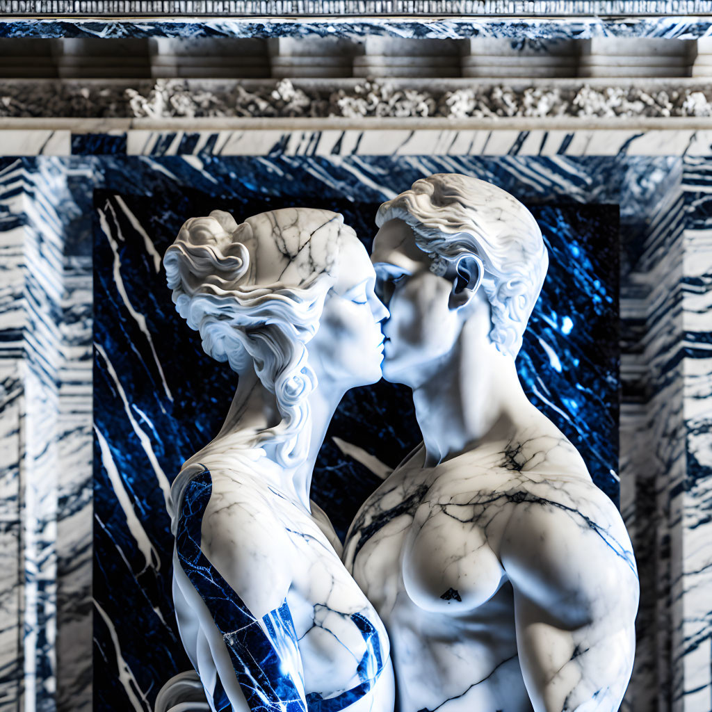 Marble sculpture of man and woman embracing on blue background