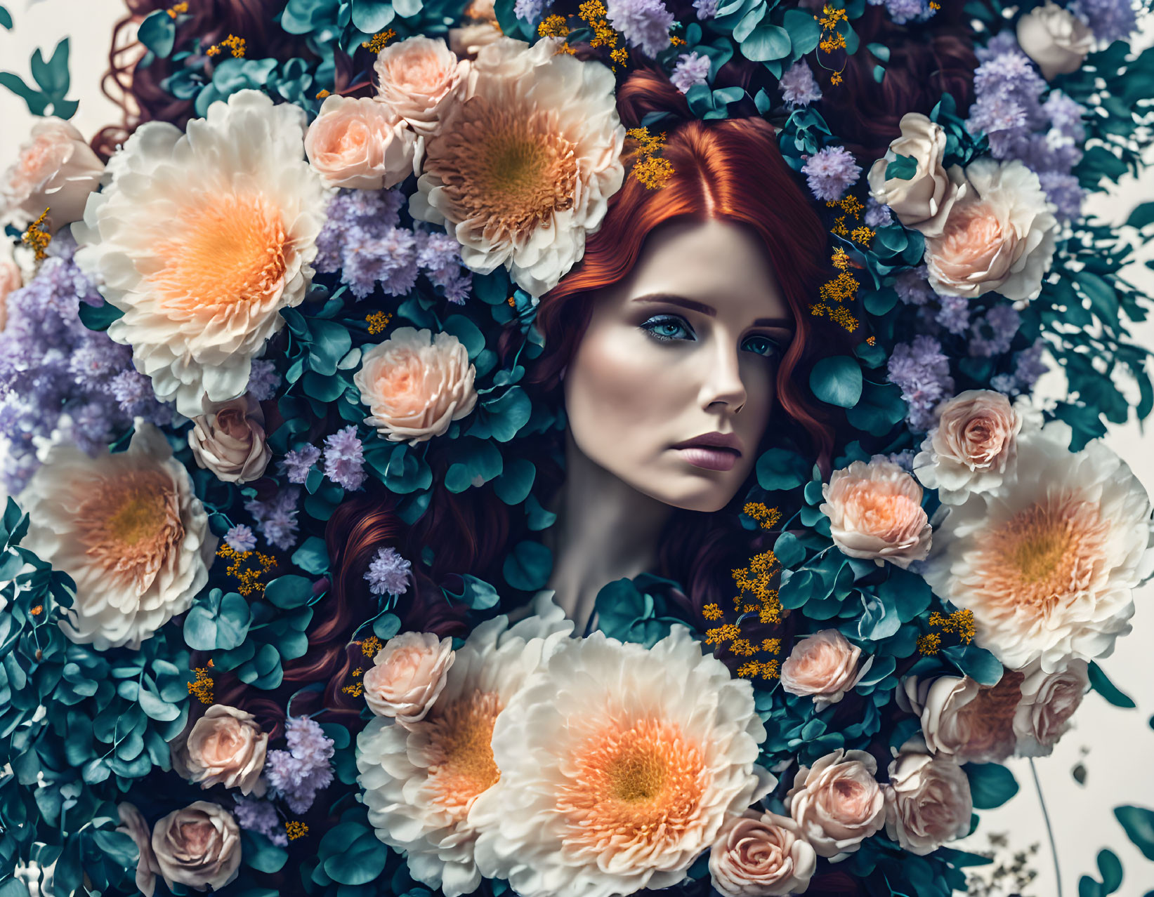 Red-haired woman portrait amidst pink and white flowers.