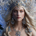 Ethereal woman with blue eyes in white floral headpiece and gemstone jewelry