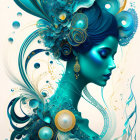 Fantastical woman illustration with blue and gold flowing hair and aquatic theme