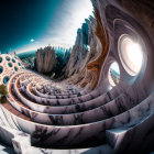 Surreal landscape with marble patterns, futuristic structures, and mountain range