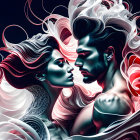 Man and woman with flowing hair in yin-yang motif, red, white, and blue color