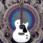 White Acoustic Guitar with Cosmic Background and Floral Mandala Frame