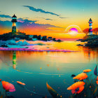 Twin lighthouses on rocky outcrops with sunset sky and birds in flight