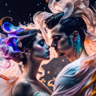 Ethereal beings with vibrant hair and painted faces in intimate embrace