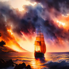 Sailing ship fleeing erupting volcano against sunset sky