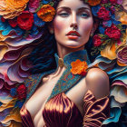 Colorful digital portrait of a woman with flowing hair and flowers