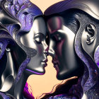 Stylized metallic faces in profile poised for a kiss on warm backdrop