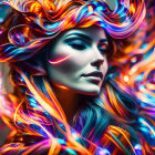 Colorful digital portrait of a woman with blue eyes and ornate headgear on psychedelic backdrop