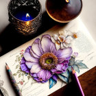 Detailed botanical illustration with vibrant purple hues, pencils, candle, and soft lighting