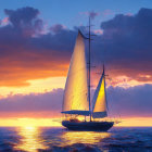 Sailboat sailing at sunset with orange and blue skies reflected on ocean waves