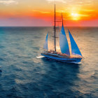 Sailing yacht on calm sea under vibrant sunset