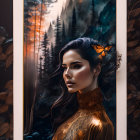 Digital artwork: Woman with dark hair in forest surrounded by autumn leaves and glowing lightbulb