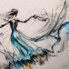 Woman in flowing blue dress with abstract ink swirls.