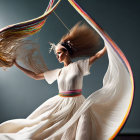 Woman in White Dress Dancing with Flowing Hair and Ribbons on Grey Background