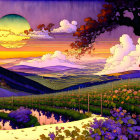 Colorful Moonrise Over Fantasy Landscape with Sunset Sky and Lush Valley