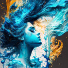 Blue-skinned woman in digital art with flowing blue and orange liquid surroundings