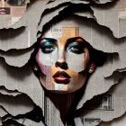 Stylized woman's face on newspaper collage with vintage-modern design.