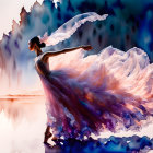 Graceful ballerina in purple and white gown dances by tranquil water with colorful background