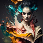 Colorful digital artwork: Woman with blue hair and body paint, vibrant colors, abstract floral elements