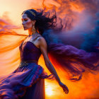 Woman in Purple Dress and Tiara Surrounded by Orange and Blue Smoke