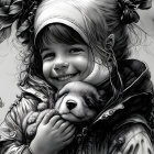 Young girl with fluffy hood holding a puppy in jacket, both looking content