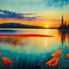 Scenic sunset painting with lake, forest, poppies, and birds