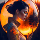 Profile of woman holding glowing orb with tree inside against sunset backdrop