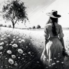 Monochrome illustration of woman in dress and hat in flower field