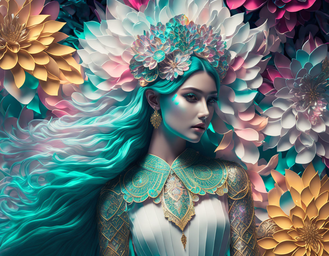 Fantastical woman with turquoise hair and floral crown in colorful blossom backdrop