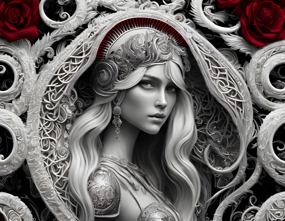 Detailed grayscale illustration of a woman with ornate headdress and red roses.